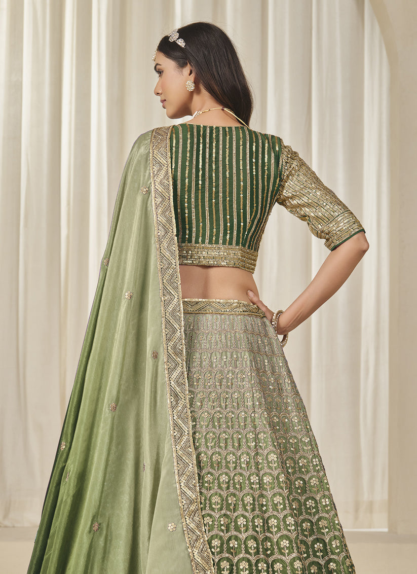 Elegant Olive Green Heavy Embroidered Premium Chinnon Silk Lehenga Choli Set