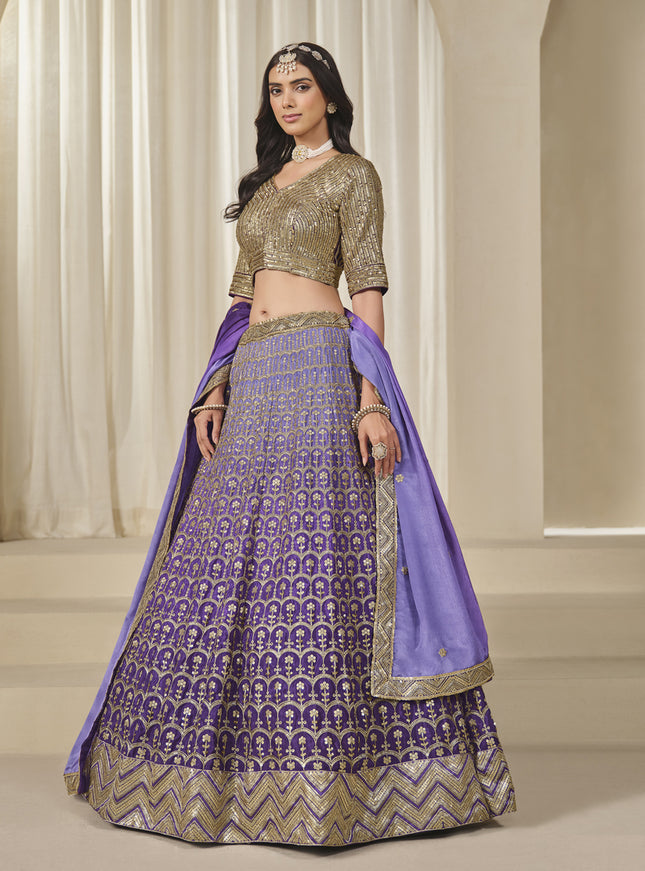 Ravishing Purple Heavy Embroidered Premium Chinnon Silk Lehenga Choli Set