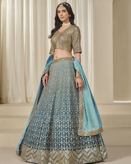 Bewitching Teal Blue Heavy Embroidered Premium Chinnon Silk Lehenga Choli Set
