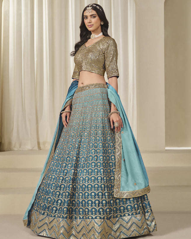 Bewitching Teal Blue Heavy Embroidered Premium Chinnon Silk Lehenga Choli Set