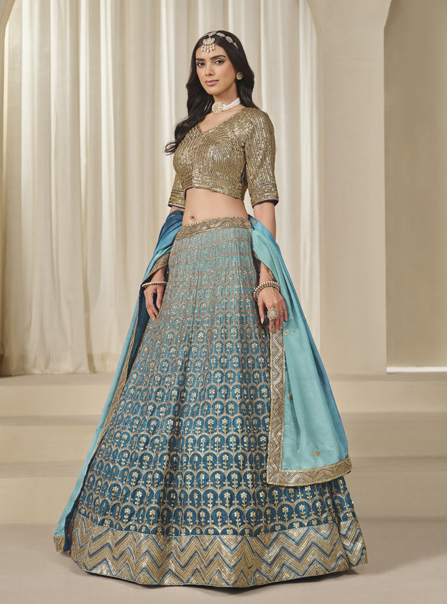 Bewitching Teal Blue Heavy Embroidered Premium Chinnon Silk Lehenga Choli Set