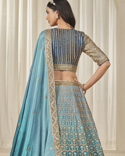 Bewitching Teal Blue Heavy Embroidered Premium Chinnon Silk Lehenga Choli Set