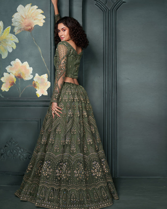 Moss Green Silk Embroidered Designer Wedding Lehenga Choli