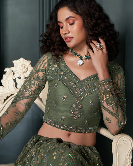Moss Green Silk Embroidered Designer Wedding Lehenga Choli