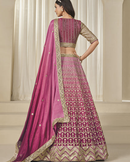 Pretty Rani Pink Heavy Embroidered Premium Chinnon Silk Lehenga Choli Set