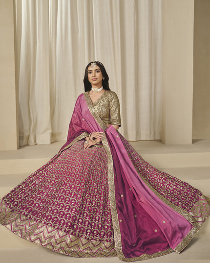 Pretty Rani Pink Heavy Embroidered Premium Chinnon Silk Lehenga Choli Set