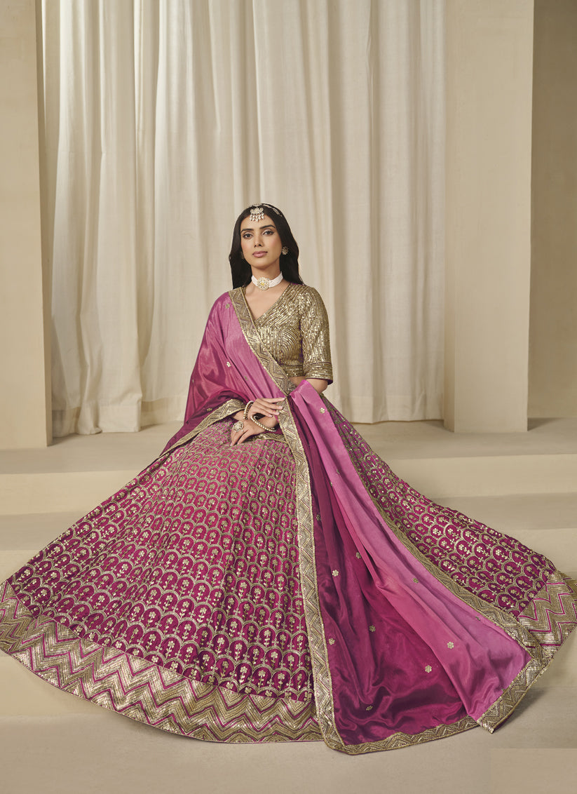 Pretty Rani Pink Heavy Embroidered Premium Chinnon Silk Lehenga Choli Set