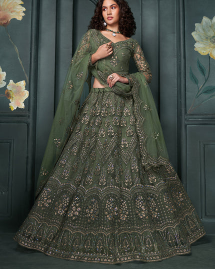 Moss Green Silk Embroidered Designer Wedding Lehenga Choli