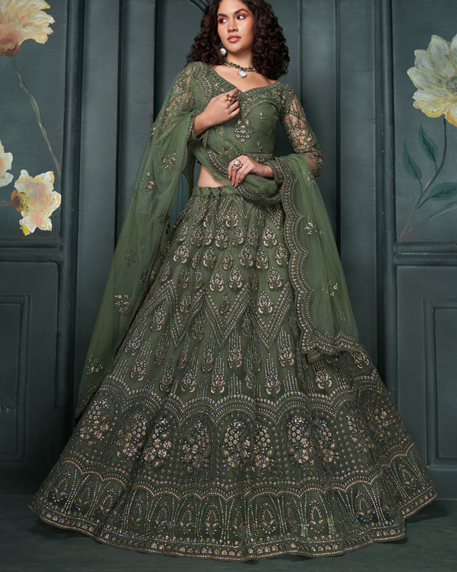 Moss Green Silk Embroidered Designer Wedding Lehenga Choli