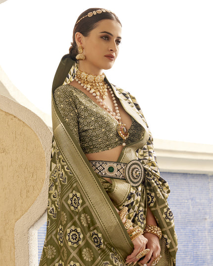 Olive Green Silk Digital Printed Saree