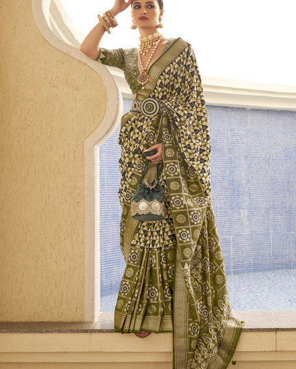 Olive Green Silk Digital Printed Saree