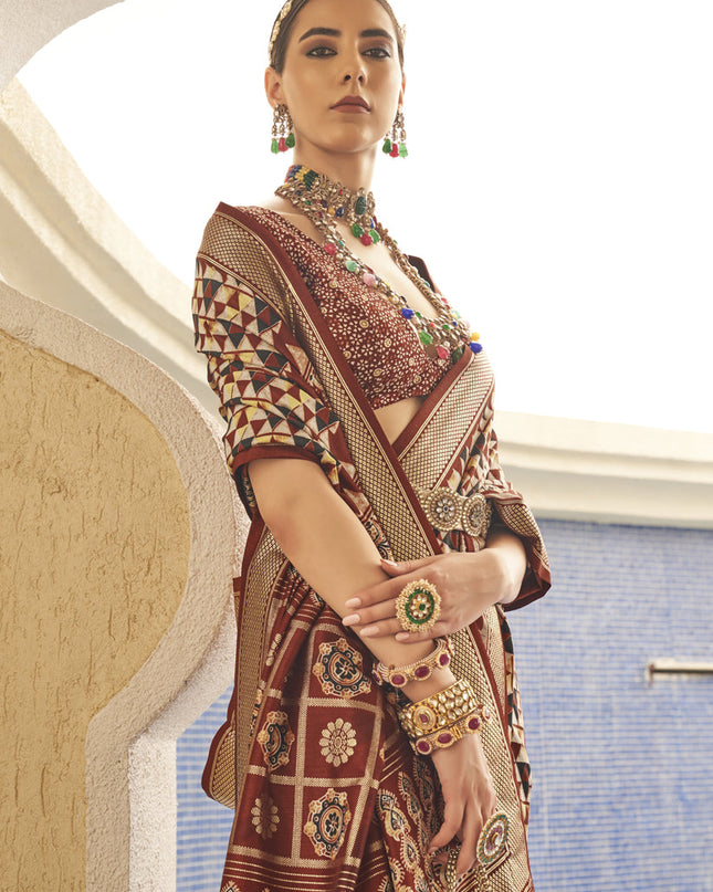 Maroon Silk Digital Printed Saree