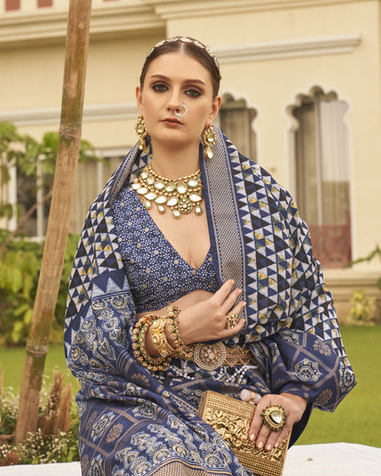 Navy Blue Silk Digital Printed Saree