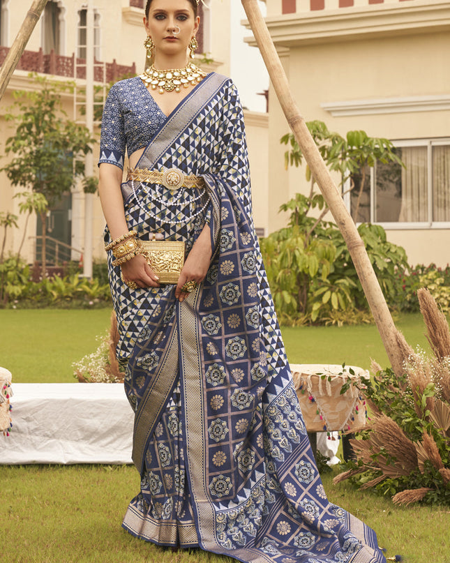 Navy Blue Silk Digital Printed Saree