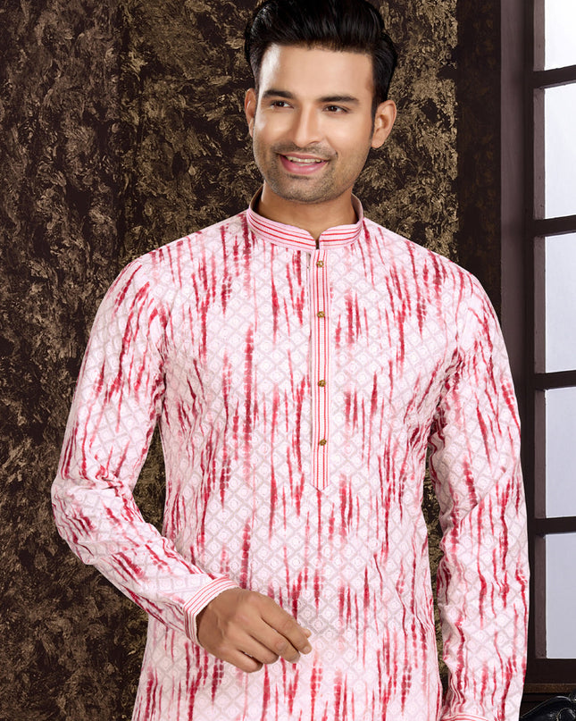 Light Pink Cotton Lukhnowi Work Kurta Pyjama Set