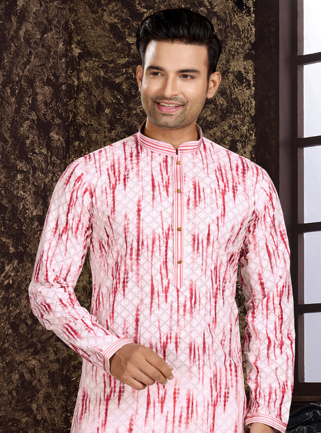 Light Pink Cotton Lukhnowi Work Kurta Pyjama Set