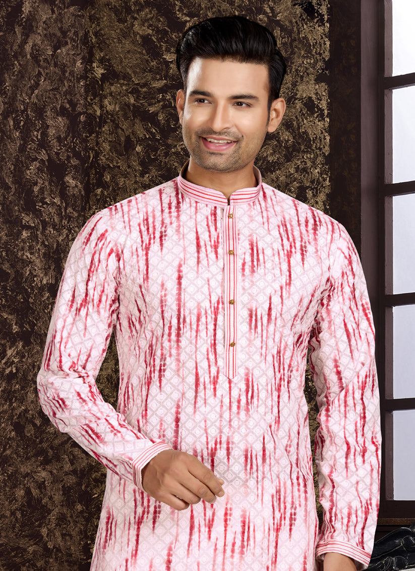 Light Pink Cotton Lukhnowi Work Kurta Pyjama Set