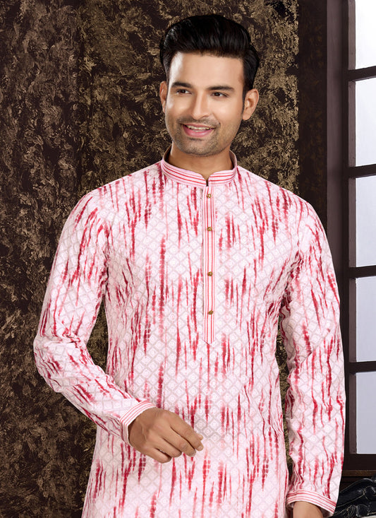 Light Pink Cotton Lukhnowi Work Kurta Pyjama Set