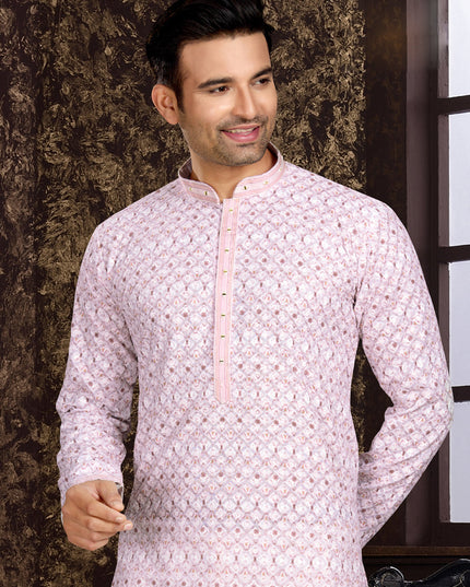 Light Pink Cotton Lukhnowi Work Kurta Pyjama Set