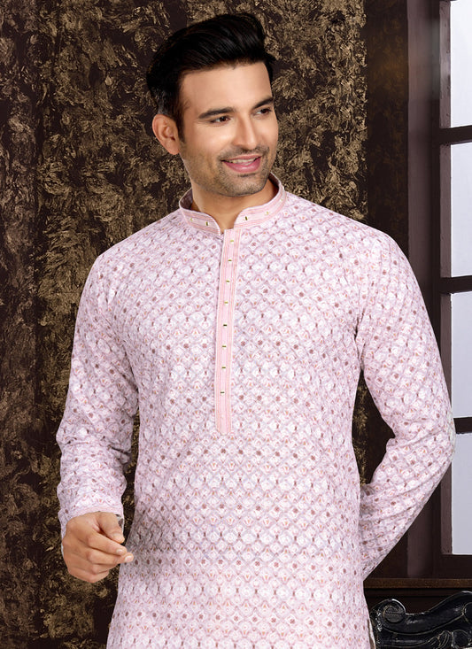 Light Pink Cotton Lukhnowi Work Kurta Pyjama Set