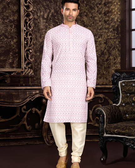 Light Pink Cotton Lukhnowi Work Kurta Pyjama Set