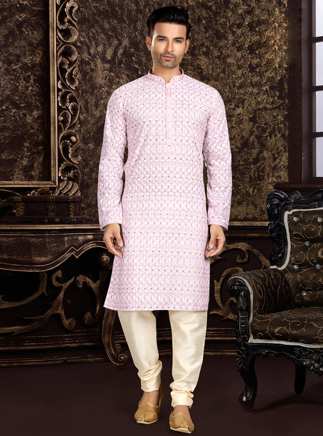 Light Pink Cotton Lukhnowi Work Kurta Pyjama Set