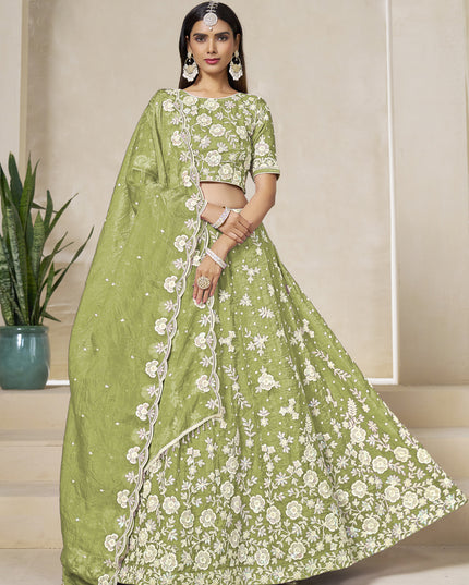 Magnetic Pear Green Crush Organza Heavy Embroidered Lehenga Choli Set for Wedding