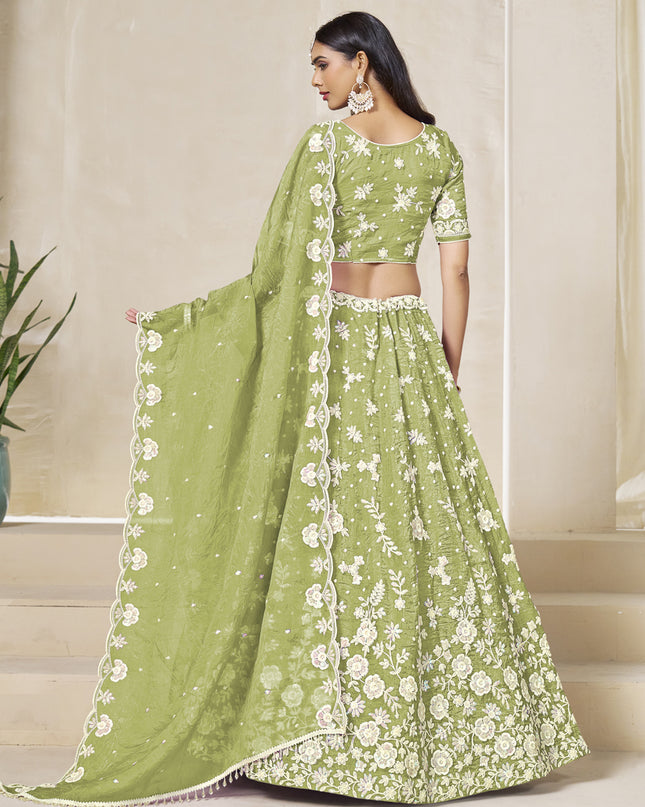 Magnetic Pear Green Crush Organza Heavy Embroidered Lehenga Choli Set for Wedding