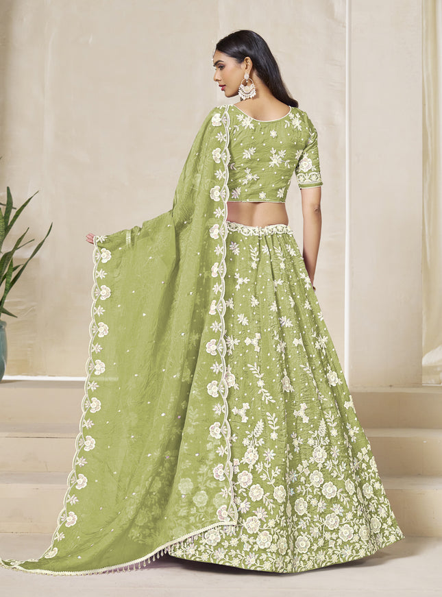 Magnetic Pear Green Crush Organza Heavy Embroidered Lehenga Choli Set for Wedding