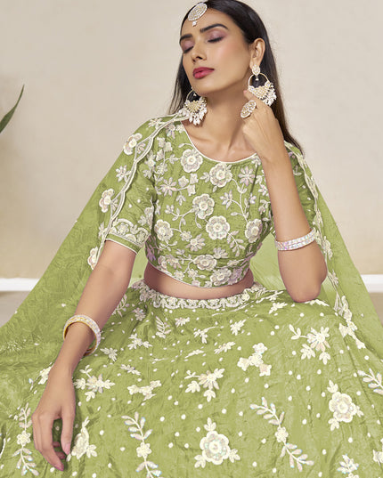 Magnetic Pear Green Crush Organza Heavy Embroidered Lehenga Choli Set for Wedding