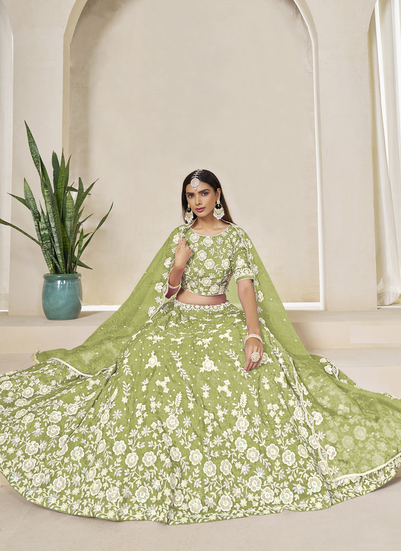 Magnetic Pear Green Crush Organza Heavy Embroidered Lehenga Choli Set for Wedding