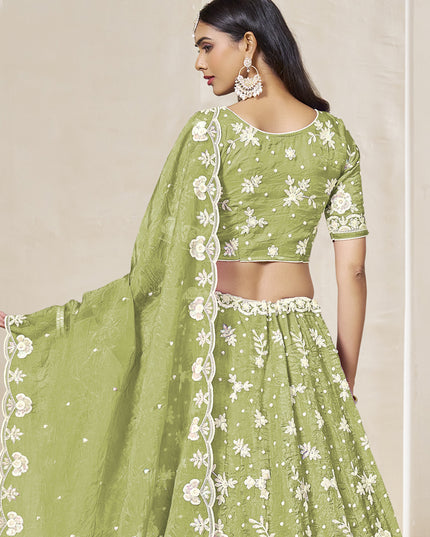Magnetic Pear Green Crush Organza Heavy Embroidered Lehenga Choli Set for Wedding