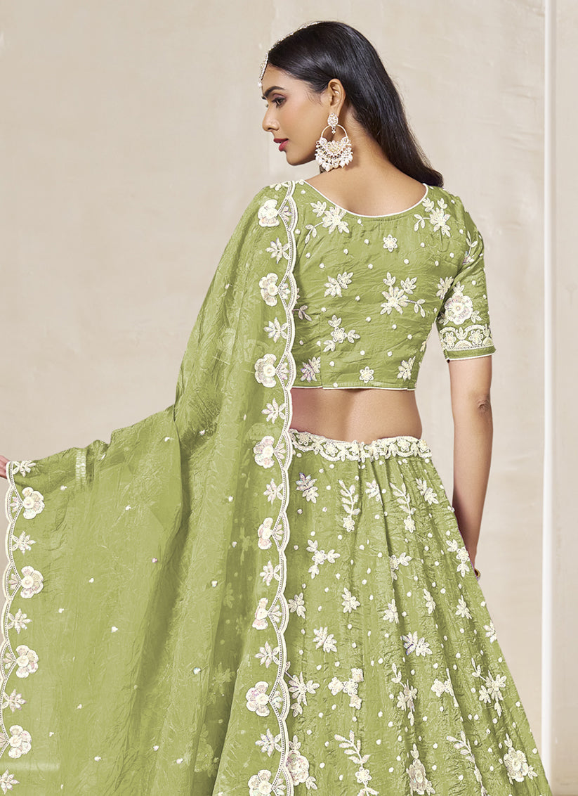 Magnetic Pear Green Crush Organza Heavy Embroidered Lehenga Choli Set for Wedding