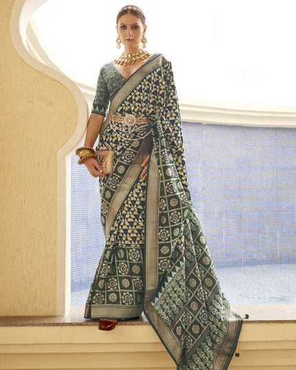 Bottle Green Silk Digital Printed Saree