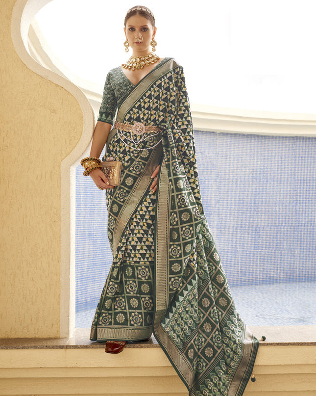 Bottle Green Silk Digital Printed Saree