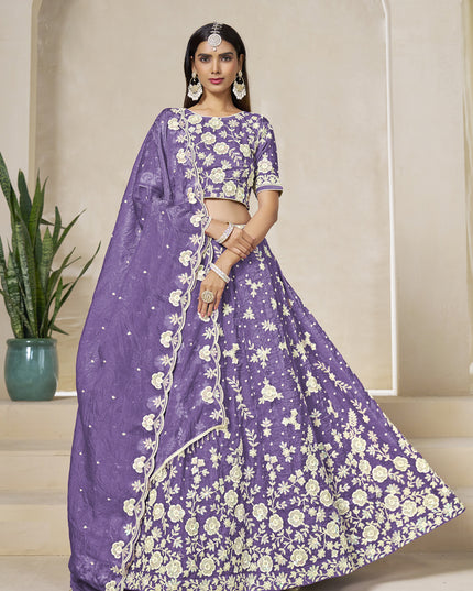 Lovely Lavender Crush Organza Heavy Embroidered Lehenga Choli Set for Wedding