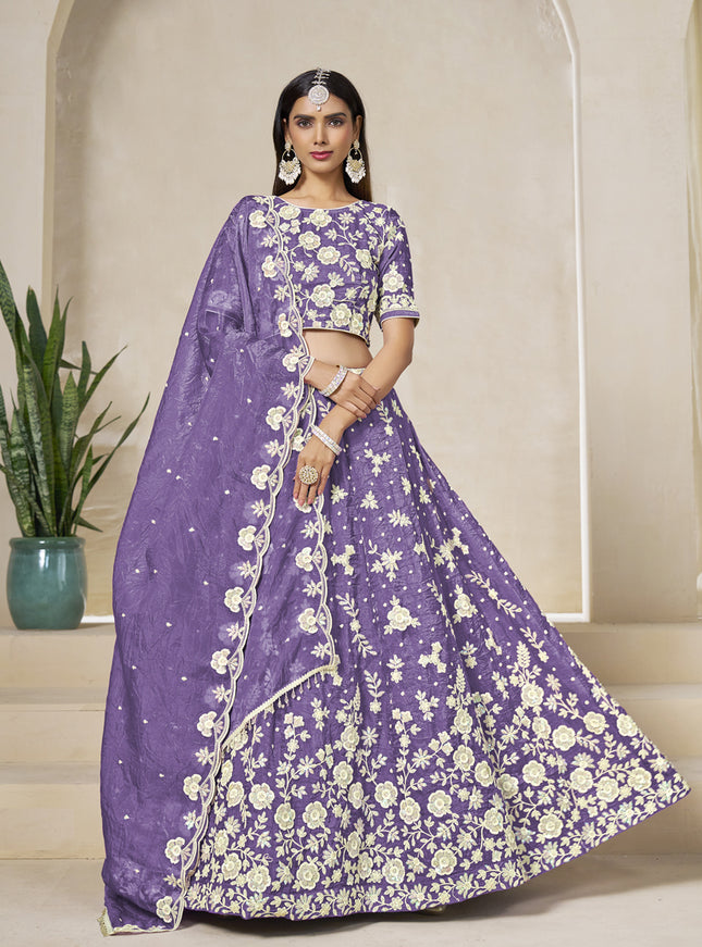Lovely Lavender Crush Organza Heavy Embroidered Lehenga Choli Set for Wedding