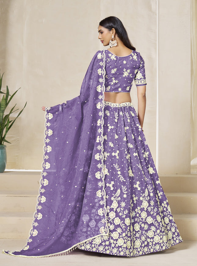 Lovely Lavender Crush Organza Heavy Embroidered Lehenga Choli Set for Wedding