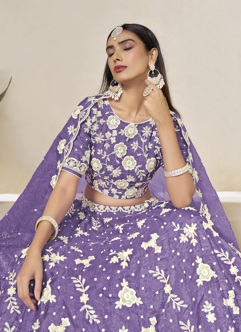 Lovely Lavender Crush Organza Heavy Embroidered Lehenga Choli Set for Wedding