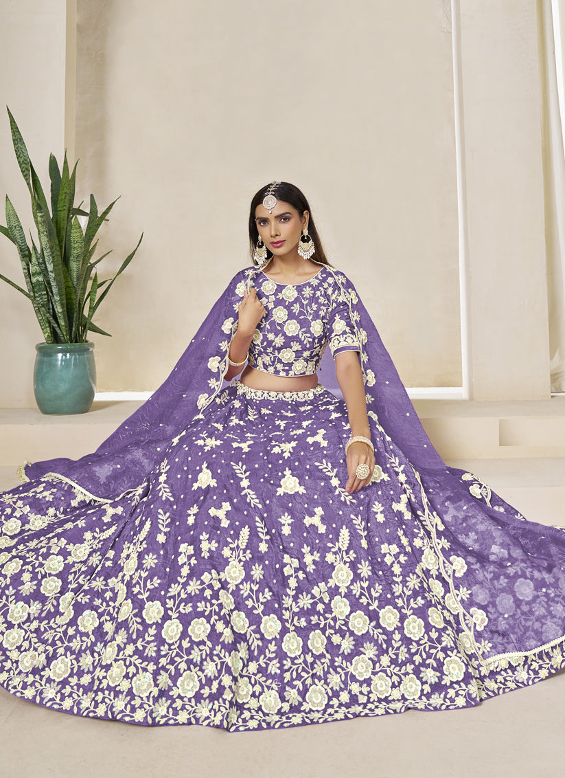 Lovely Lavender Crush Organza Heavy Embroidered Lehenga Choli Set for Wedding