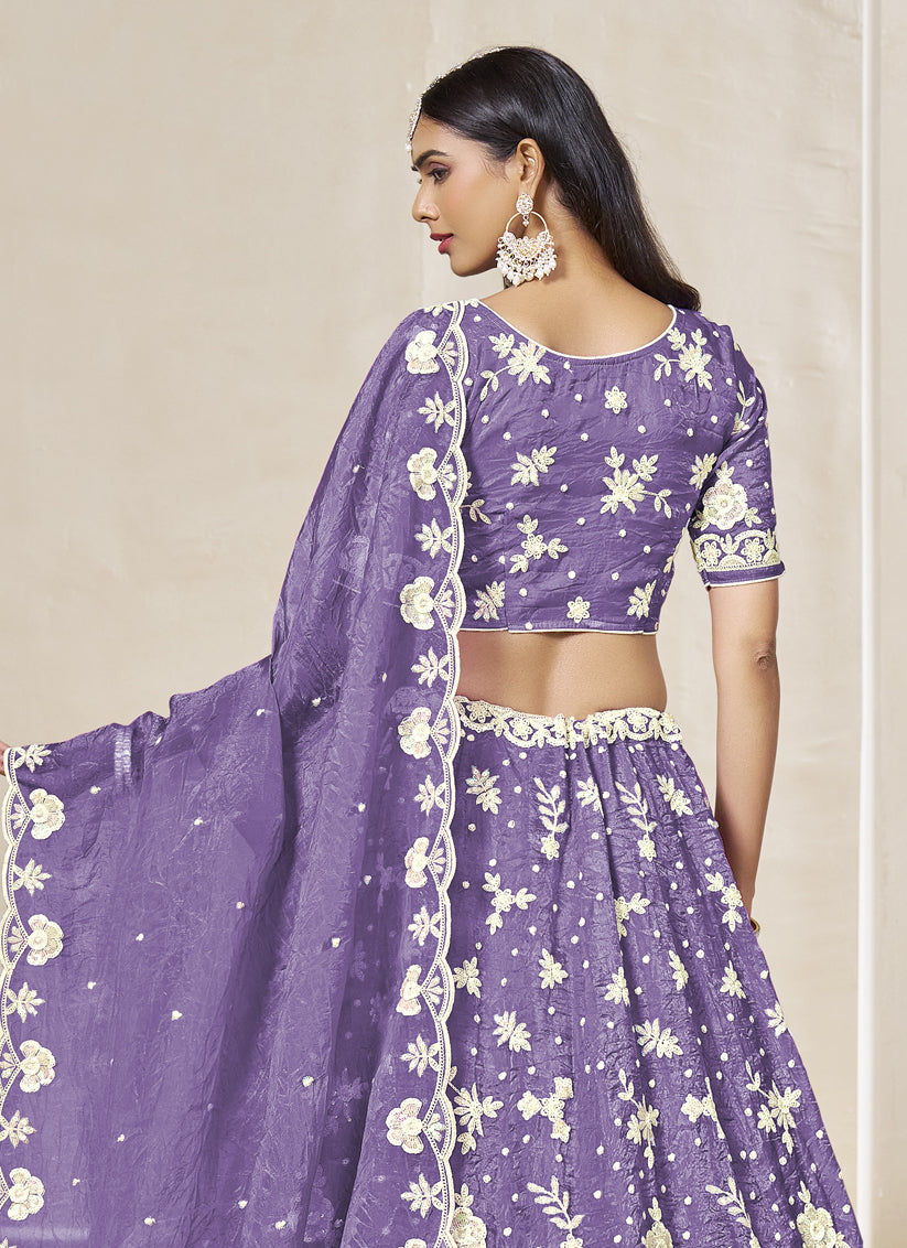 Lovely Lavender Crush Organza Heavy Embroidered Lehenga Choli Set for Wedding