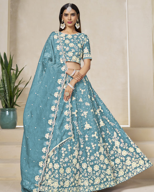 Awesome Firozi Crush Organza Heavy Embroidered Lehenga Choli Set for Wedding