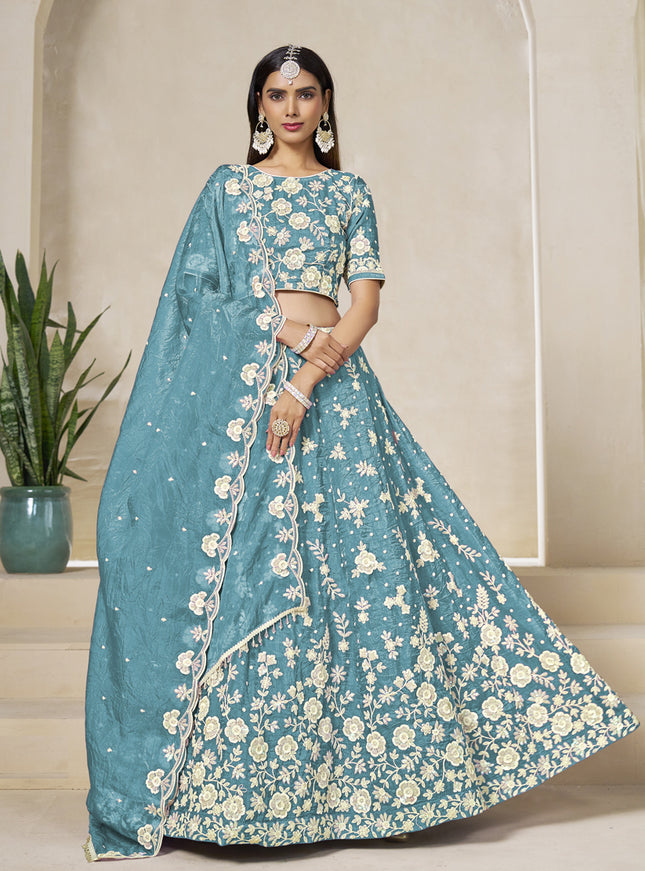 Awesome Firozi Crush Organza Heavy Embroidered Lehenga Choli Set for Wedding