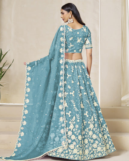 Awesome Firozi Crush Organza Heavy Embroidered Lehenga Choli Set for Wedding