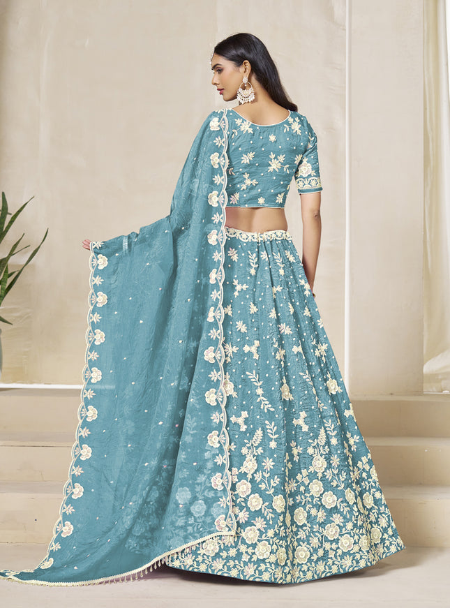 Awesome Firozi Crush Organza Heavy Embroidered Lehenga Choli Set for Wedding