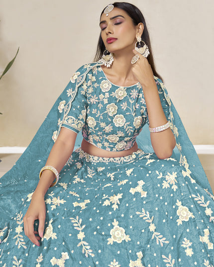 Awesome Firozi Crush Organza Heavy Embroidered Lehenga Choli Set for Wedding