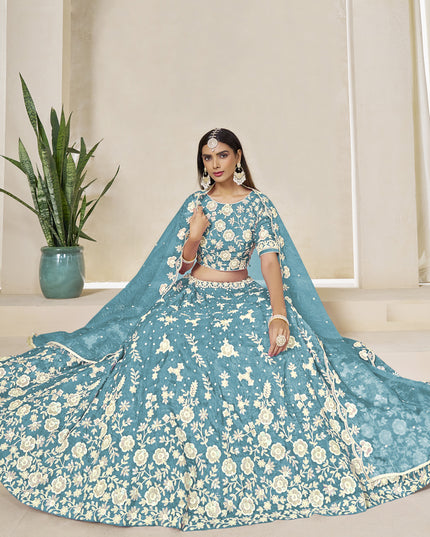 Awesome Firozi Crush Organza Heavy Embroidered Lehenga Choli Set for Wedding