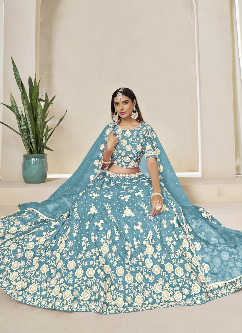 Awesome Firozi Crush Organza Heavy Embroidered Lehenga Choli Set for Wedding