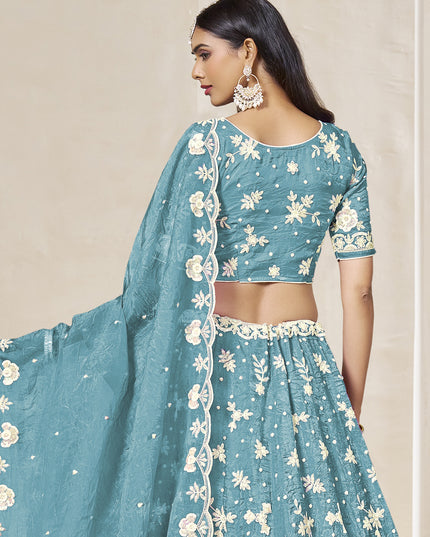 Awesome Firozi Crush Organza Heavy Embroidered Lehenga Choli Set for Wedding