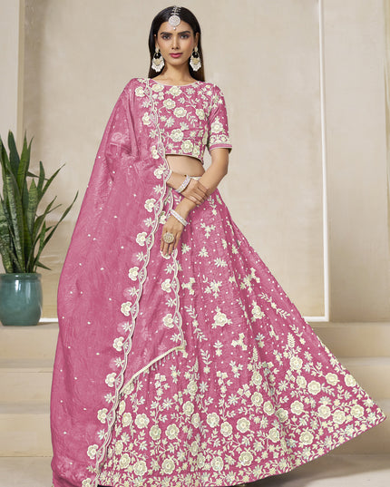 Glamorous Cherry Pink Crush Organza Heavy Embroidered Lehenga Choli Set for Wedding